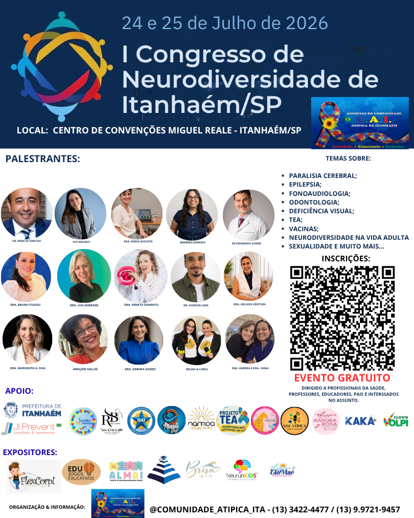 Cartaz do I Congresso de Neurodiversidade de Itanhaém com data, palestrantes e inscrição