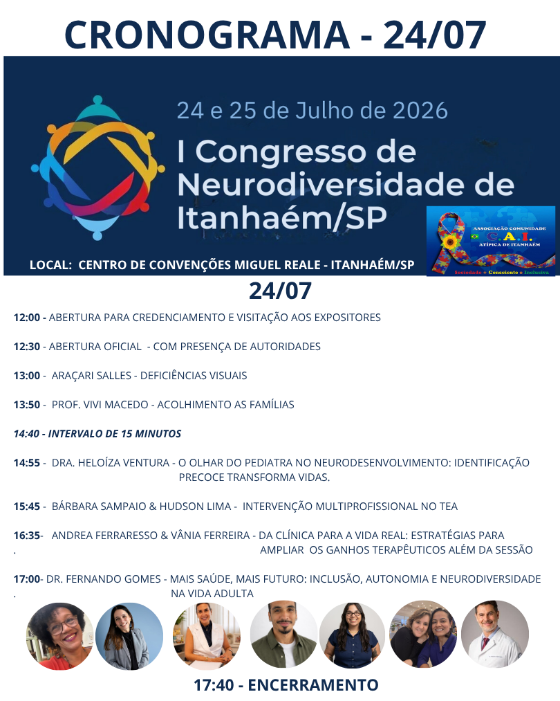 Cronograma do dia 24 de julho do Congresso de Neurodiversidade de Itanhaém
