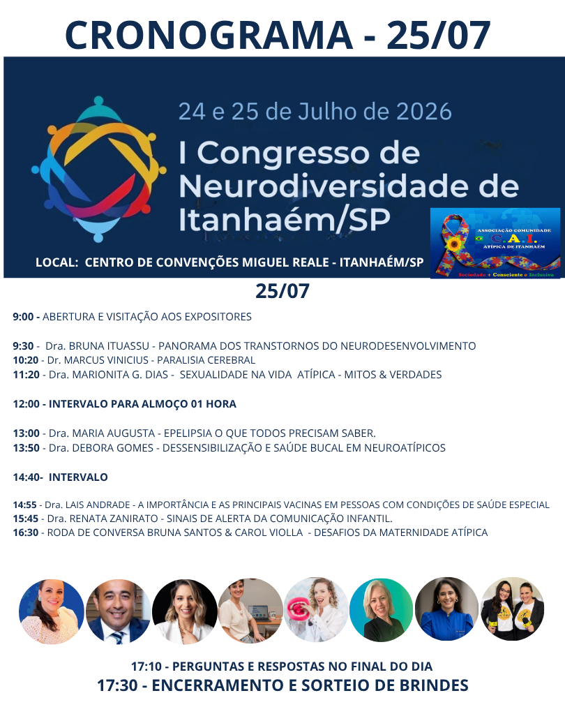 Cronograma do dia 25 de julho do Congresso de Neurodiversidade de Itanhaém
