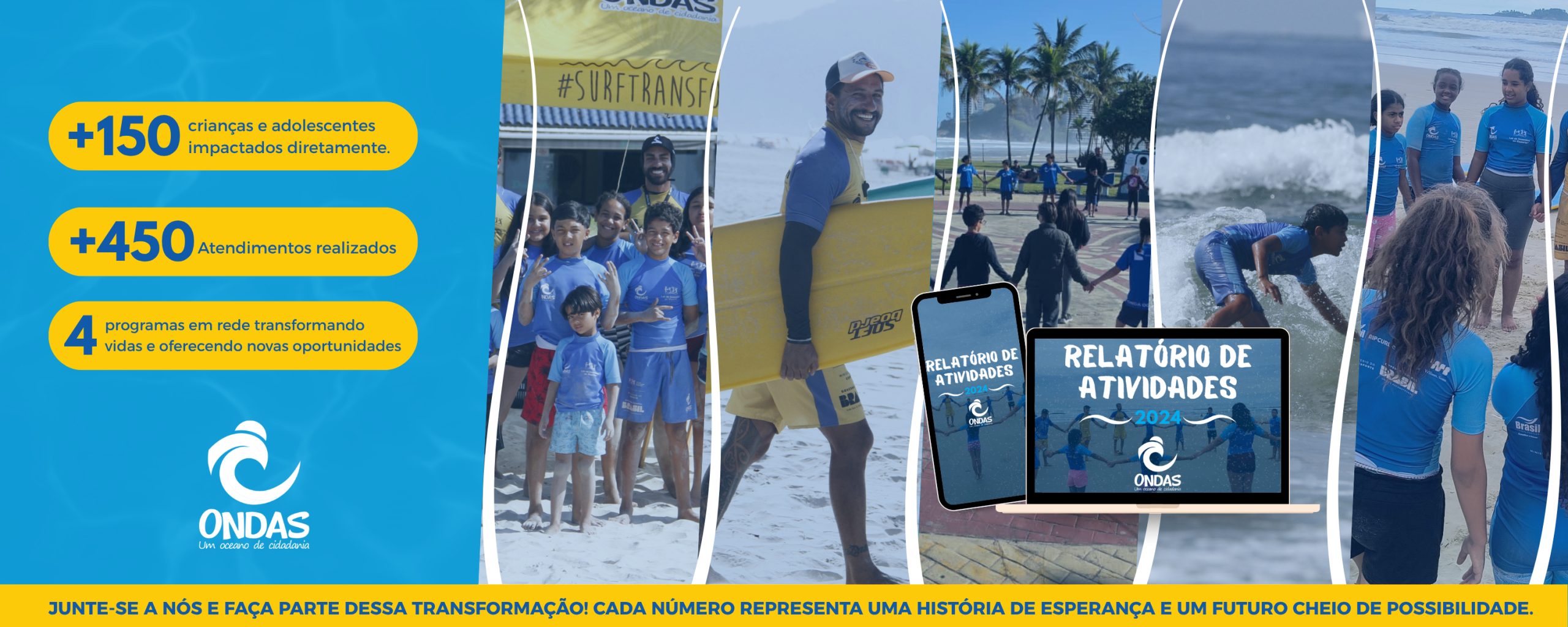 Banner institucional do Projeto Ondas mostra crianças e adolescentes atendidos por ações de surf e cidadania em Guarujá